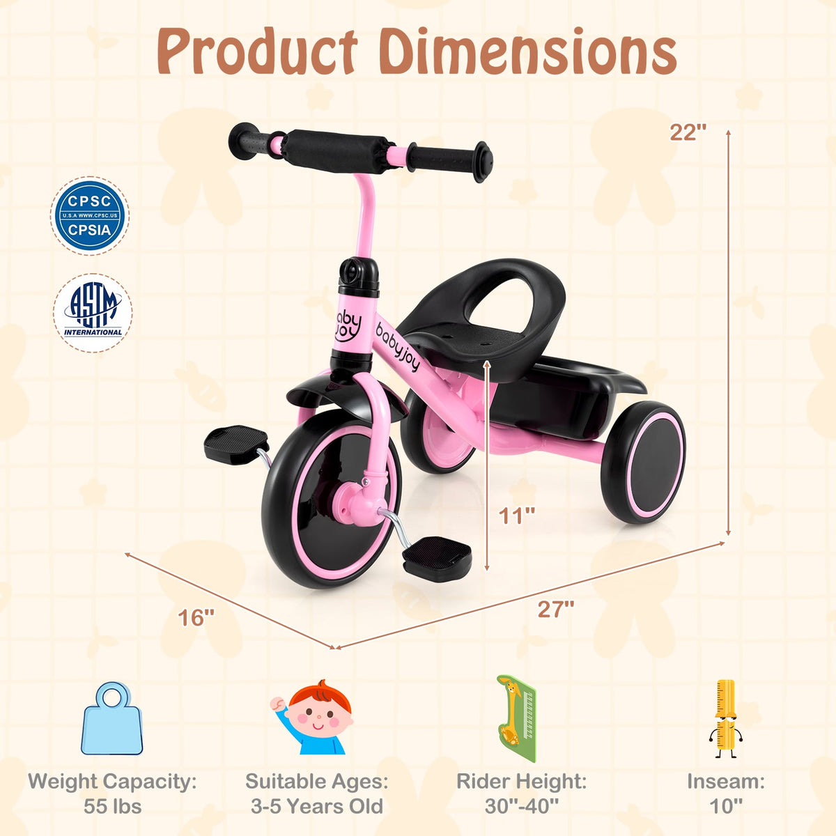 Toddler Tricycle with Adjustable Seat and Storage Basket - Ages 3-5