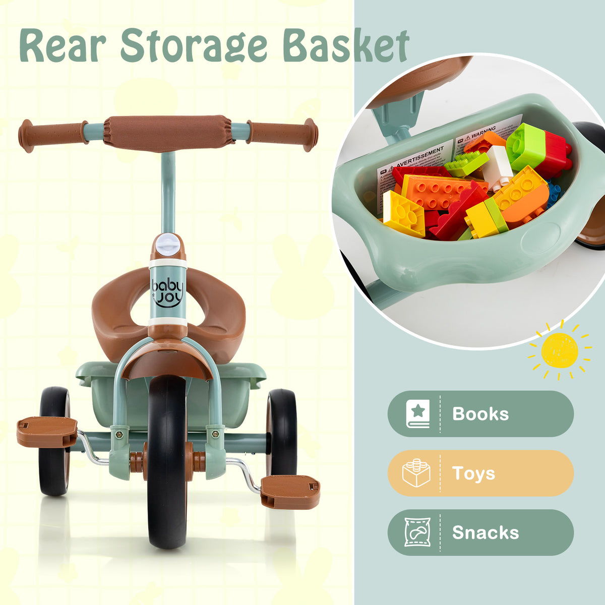 Toddler Tricycle with Adjustable Seat and Storage Basket - Ages 3-5