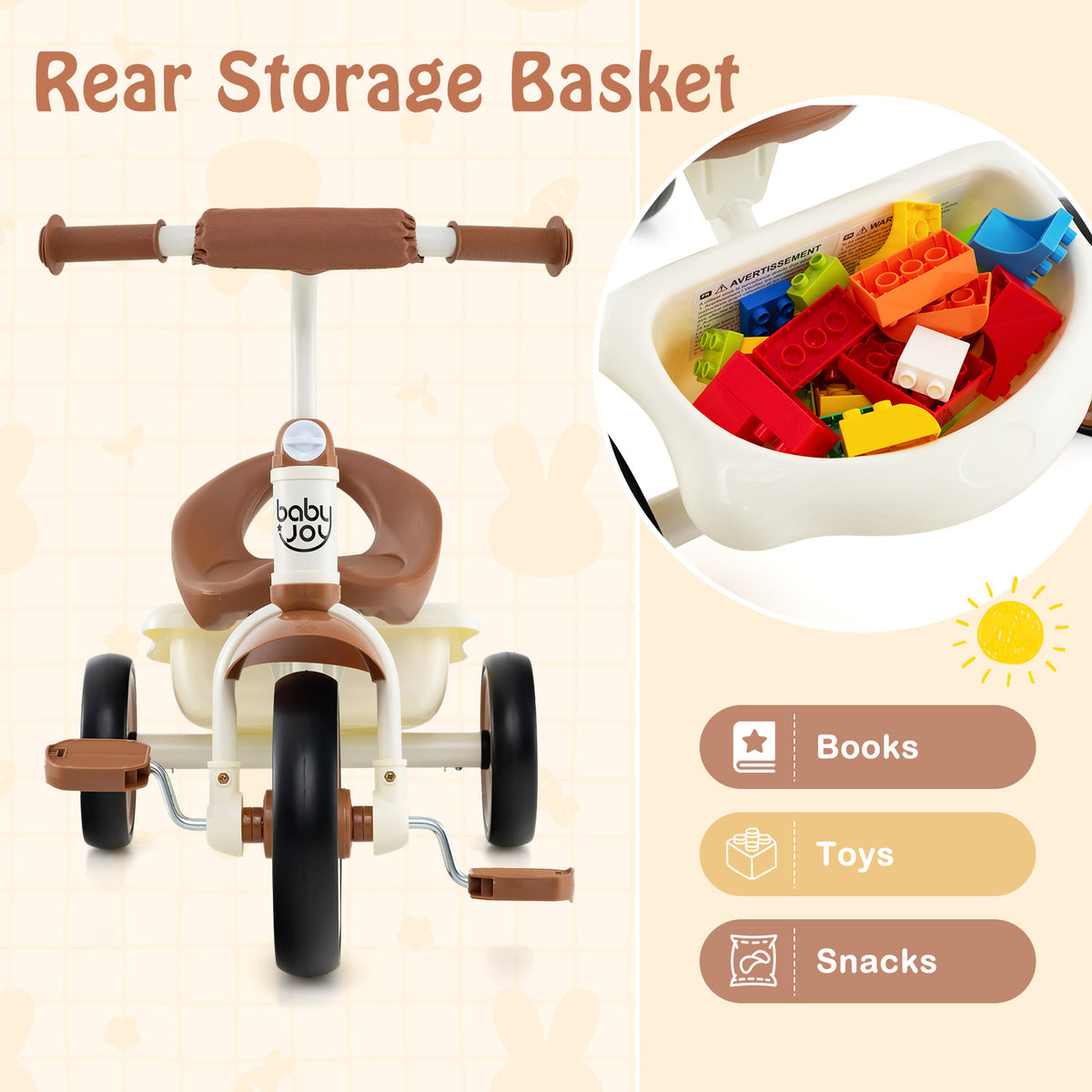 Toddler Tricycle with Adjustable Seat and Storage Basket - Ages 3-5