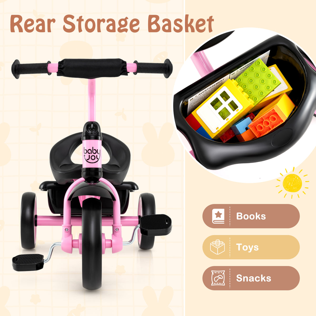 Toddler Tricycle with Adjustable Seat and Storage Basket - Ages 3-5