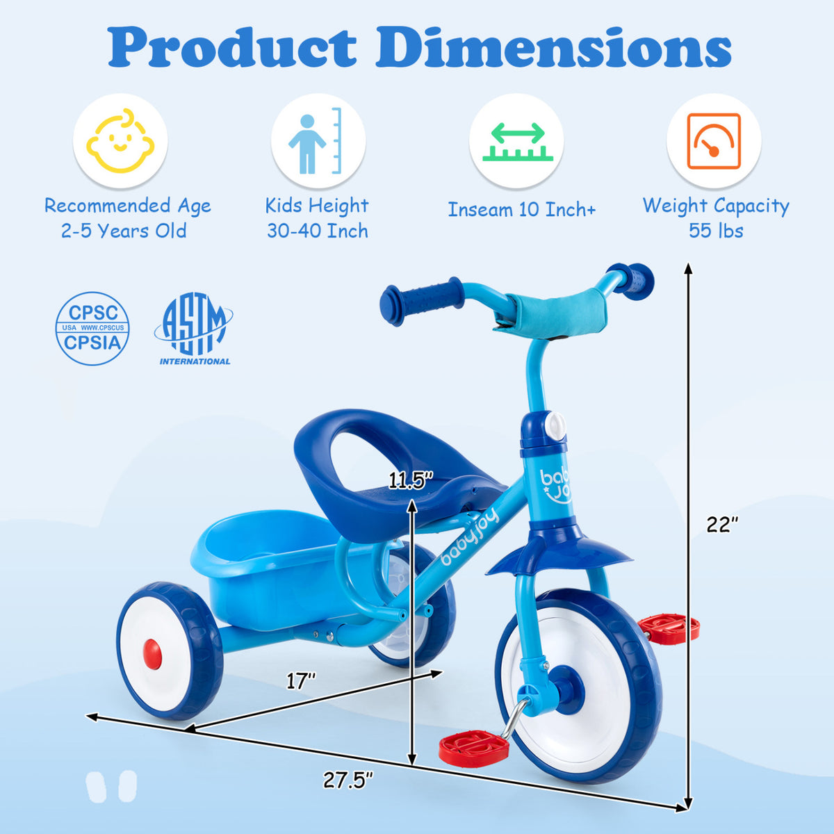 Toddler Tricycle for Boys and Girls 2-5 Years Old with Removable Rear Storage Basket