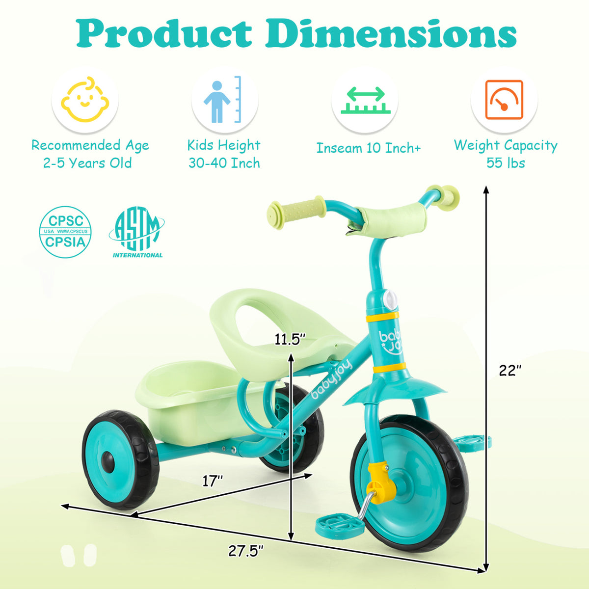 Toddler Tricycle for Boys and Girls 2-5 Years Old with Removable Rear Storage Basket
