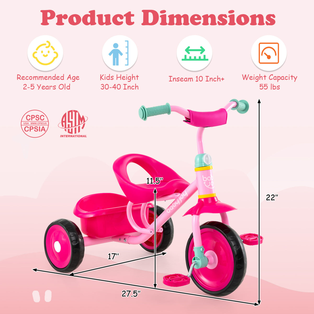 Toddler Tricycle for Boys and Girls 2-5 Years Old with Removable Rear Storage Basket