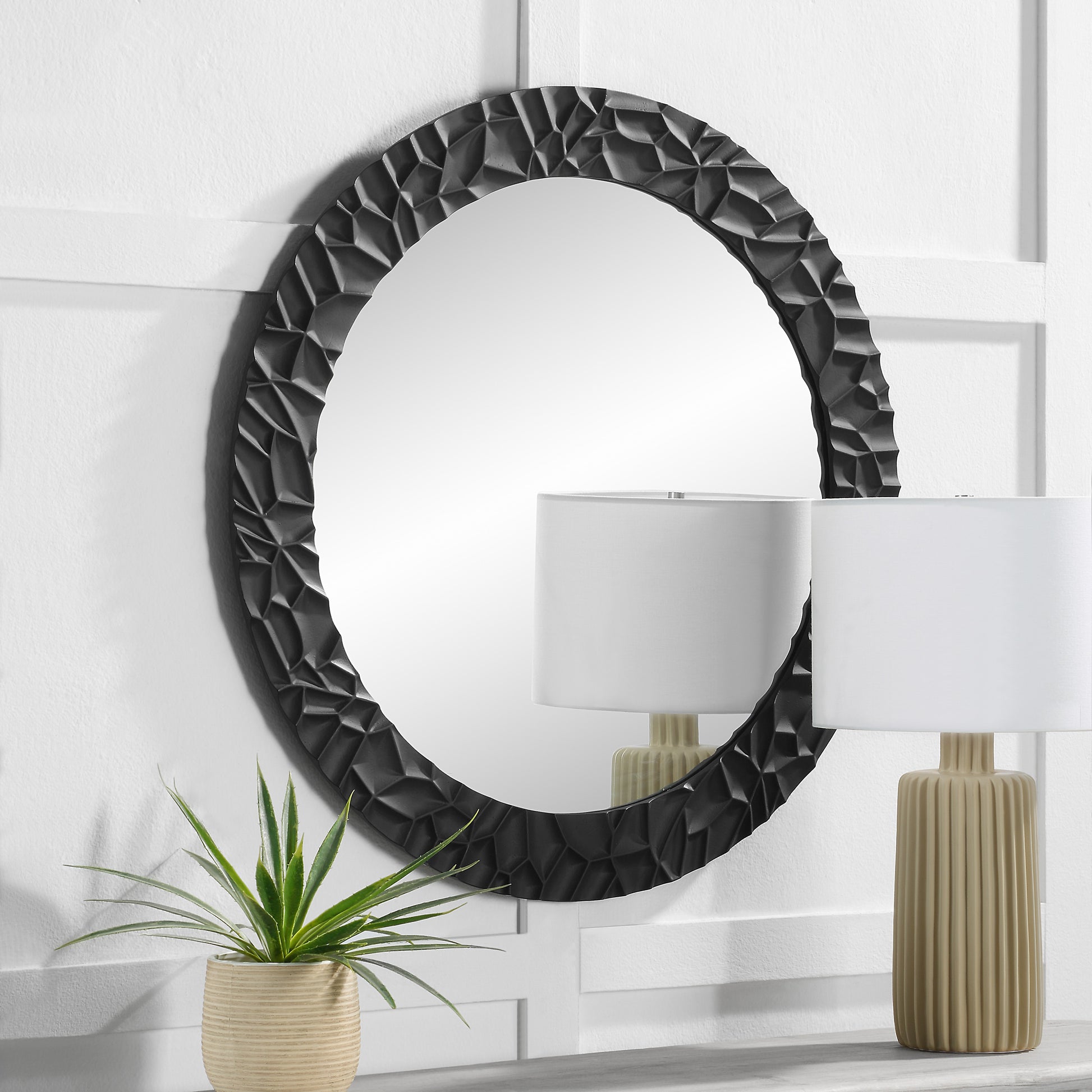 Tolima 35.5" Tall Round Wall Mirror, Black-Mirror-DECOROLALA