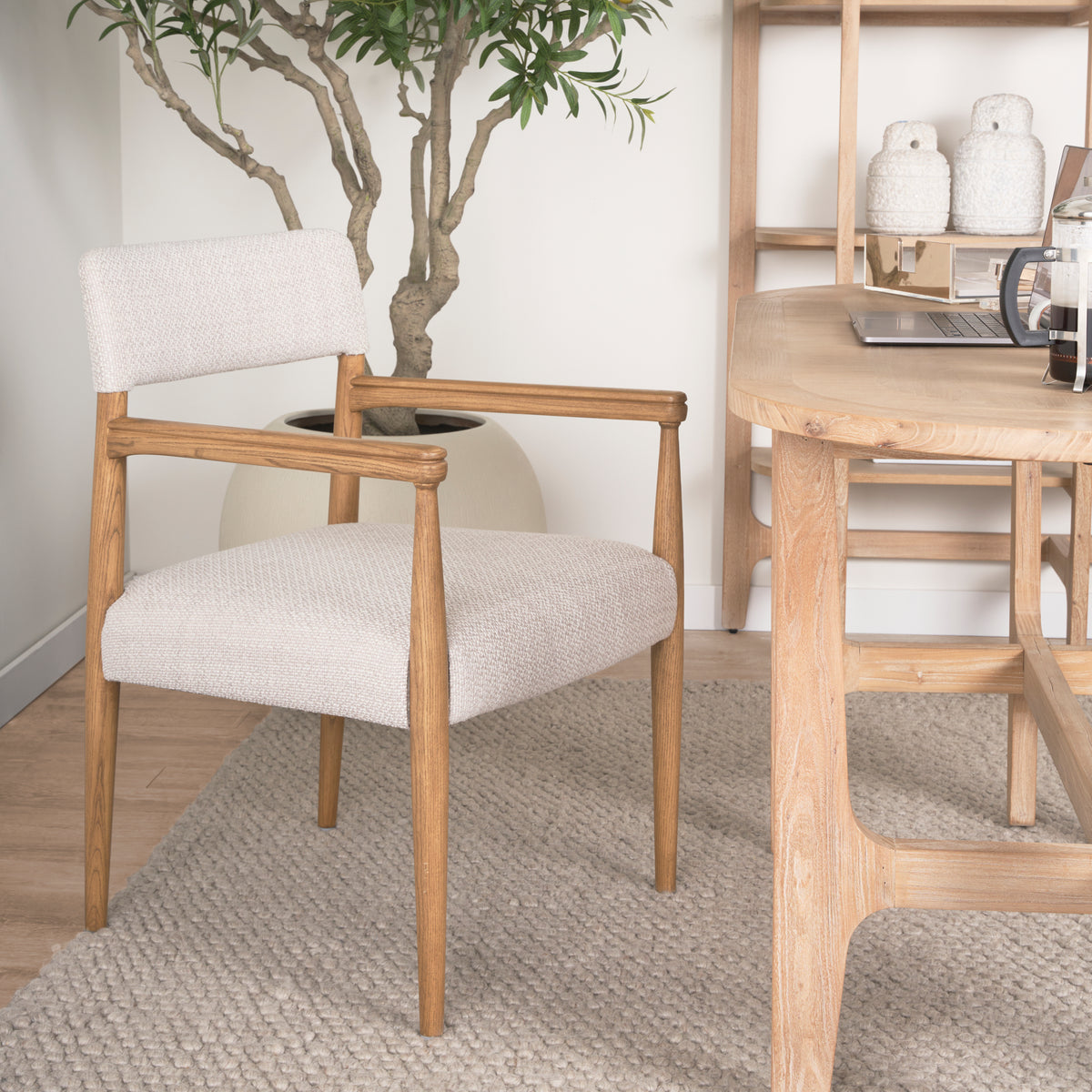Toni Curved Back Dining Side Chair | Cream Fabric w/ Light Brown Wood-Dining Chairs-DECOROLALA