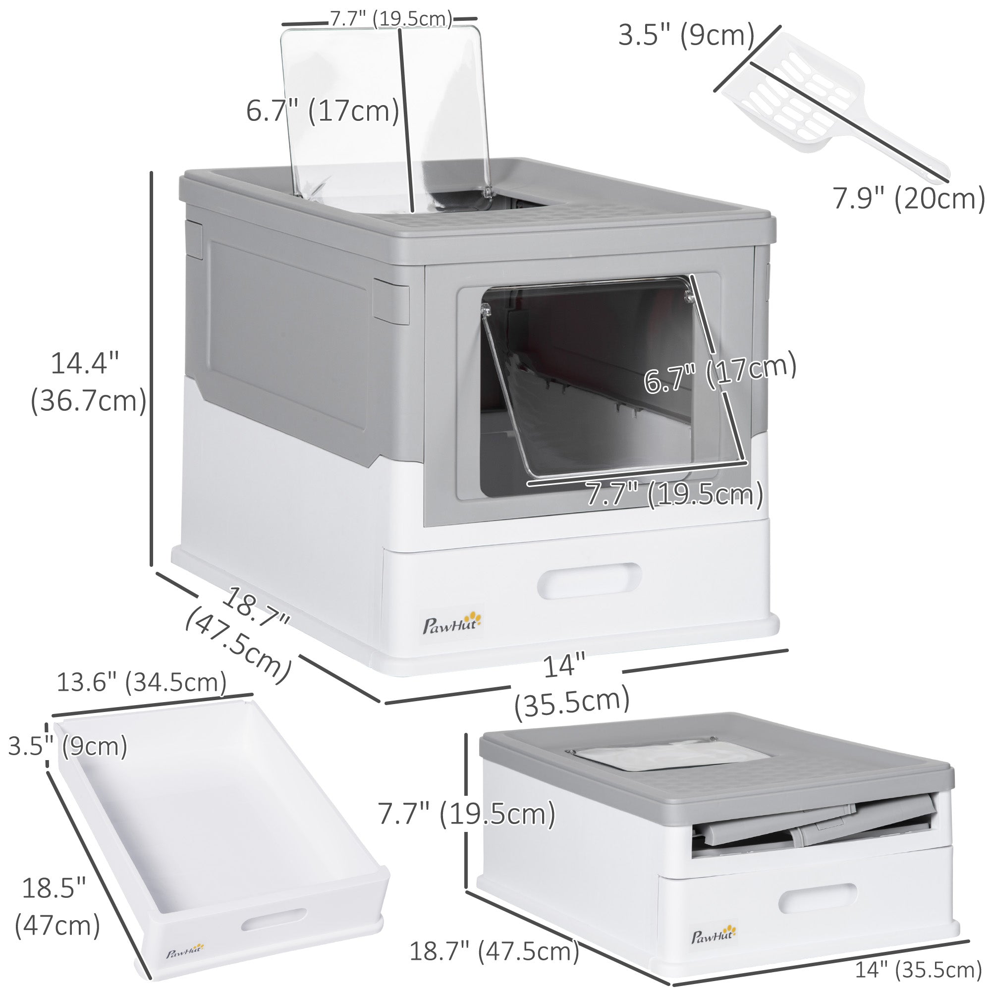 Top Entry Enclosed Kitty Litter Box with Scoop, Tray, Front Entry, Large Space, Foldable, Portable, Grey-Cats-DECOROLALA