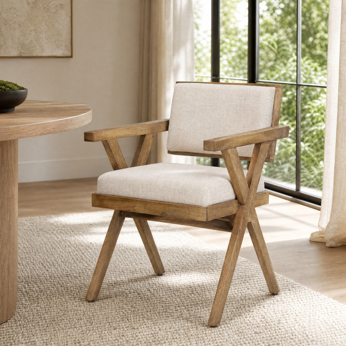 Topanga Open Back Dining Arm Chair | Fabric w/ Wooden-Dining Chairs-DECOROLALA