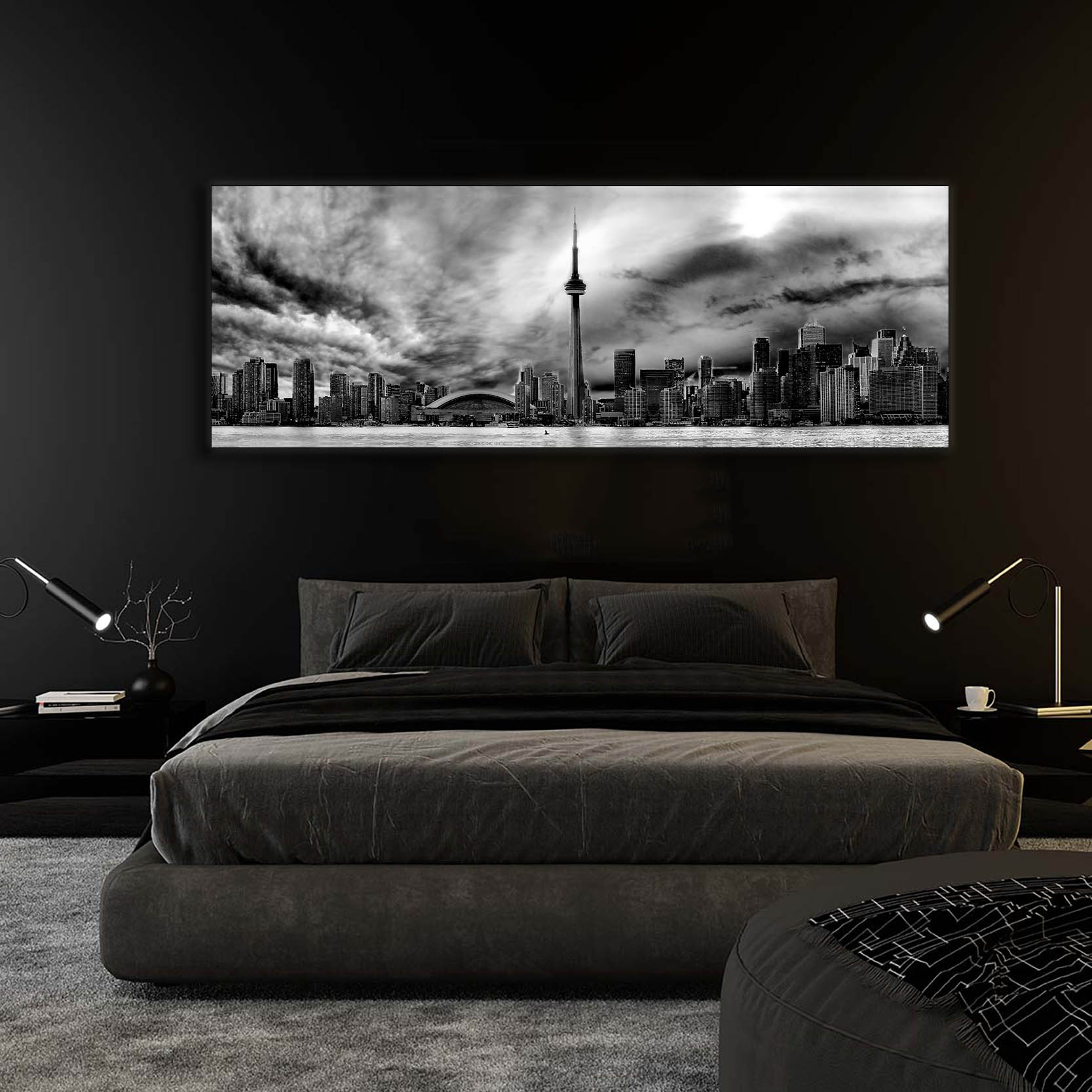 Toronto Skyline Canvas Wall Art 72"x24" Black & White-Wall Art-DECOROLALA