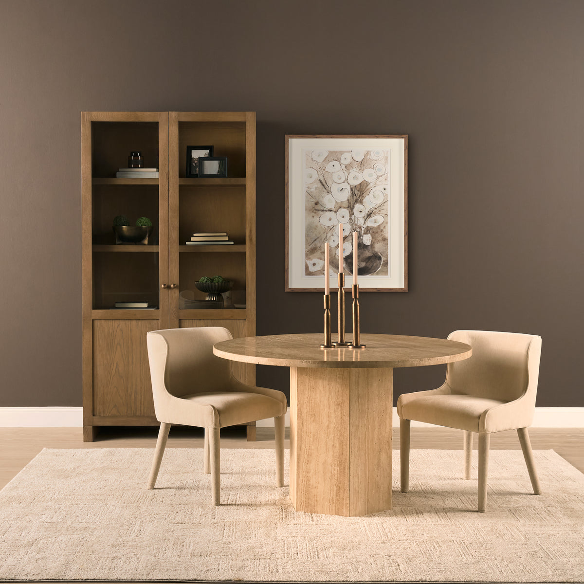 Torreno 42" Round Pedestal Dining Table | Travertine & Wood | Seats 4-Dining Tables-DECOROLALA