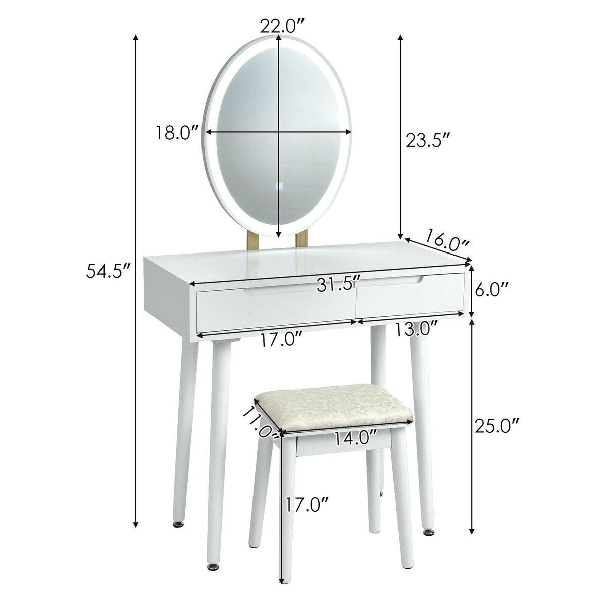 Touch Screen Vanity Makeup Table Stool Set-White-Makeup Vanities-DECOROLALA