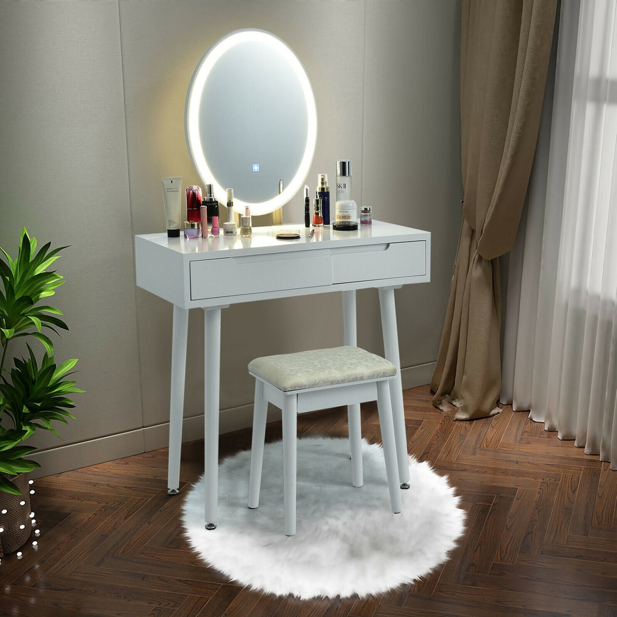 Touch Screen Vanity Makeup Table Stool Set-White-Makeup Vanities-DECOROLALA