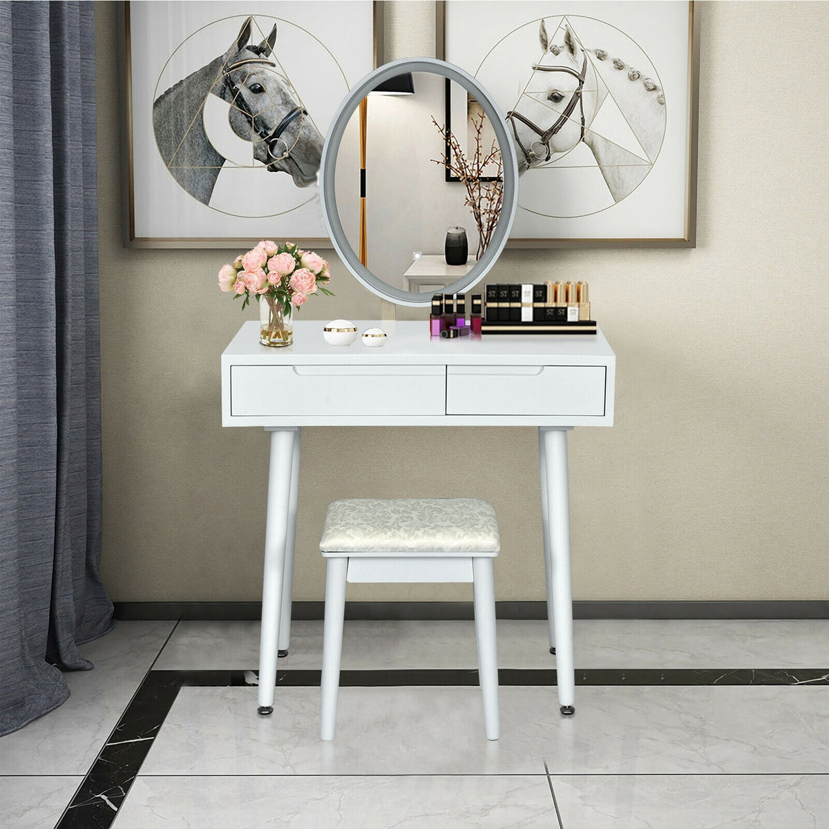 Touch Screen Vanity Makeup Table Stool Set-White-Makeup Vanities-DECOROLALA