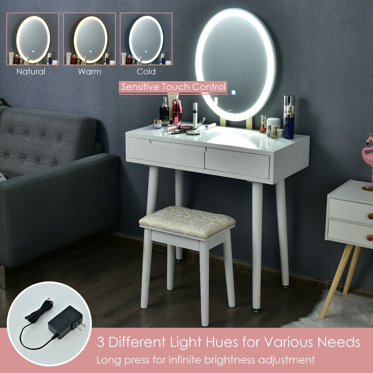 Touch Screen Vanity Makeup Table Stool Set-White-Makeup Vanities-DECOROLALA