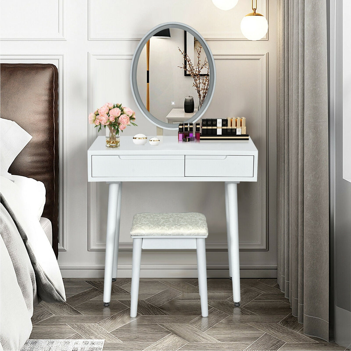 Touch Screen Vanity Makeup Table Stool Set-White-Makeup Vanities-DECOROLALA
