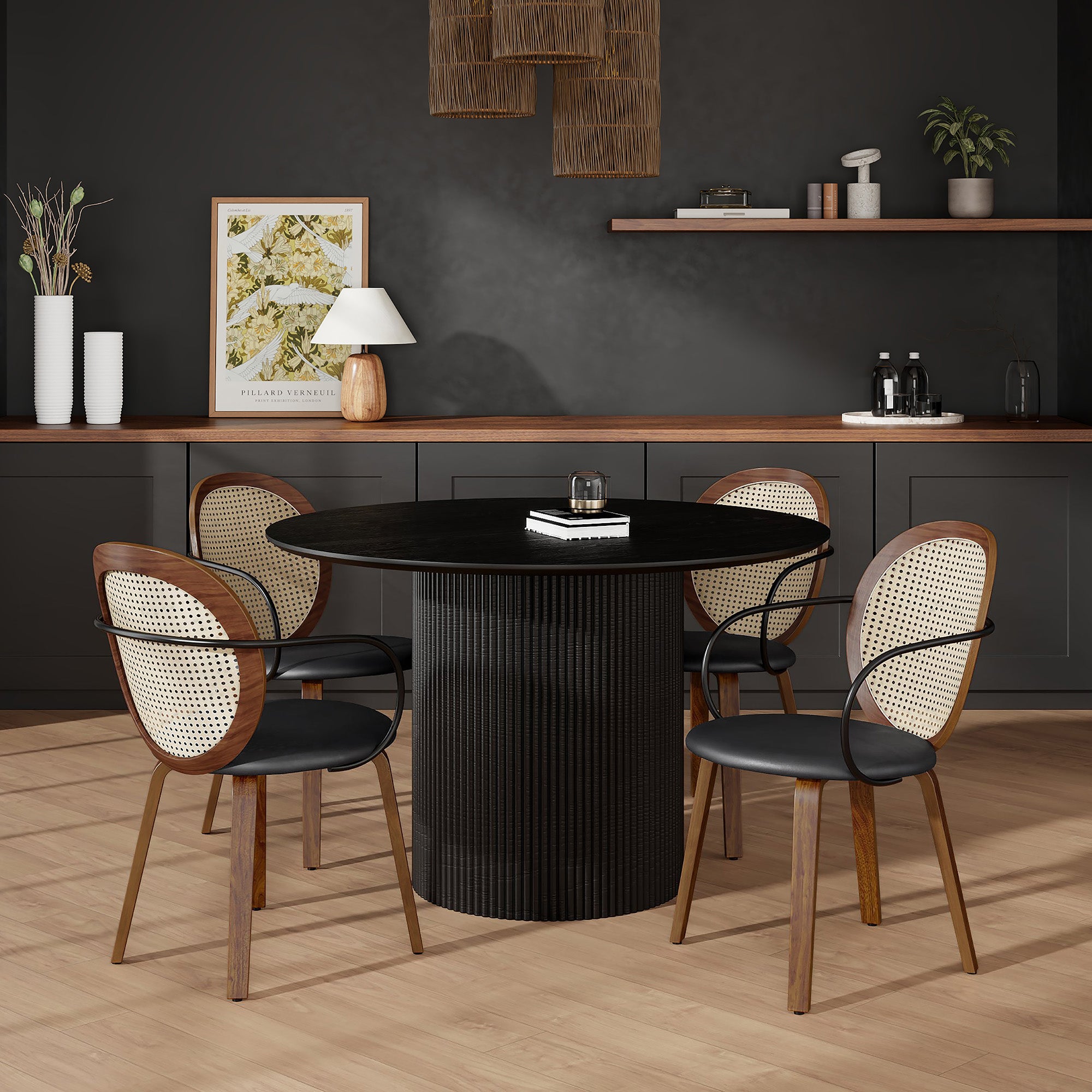 Tovas 5-Piece Dining Set - Round Pedestal Table Walnut Black-DECOROLALA