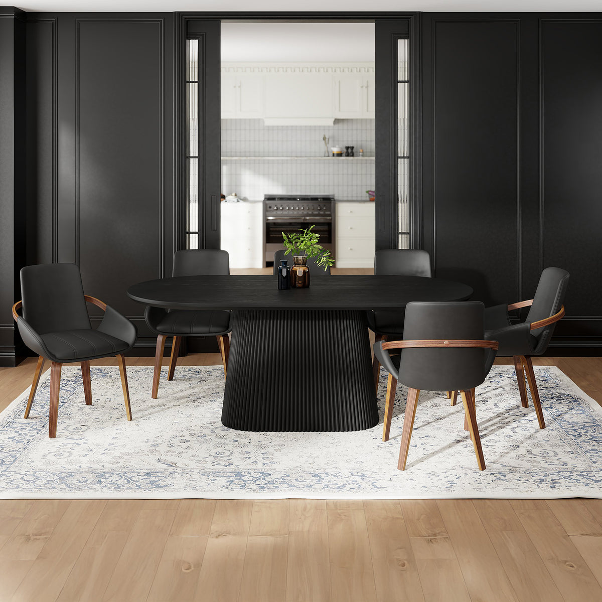 Tovas 7-Piece Oval Dining Set - Black and Walnut Mid-Century-Dining Room Sets-DECOROLALA