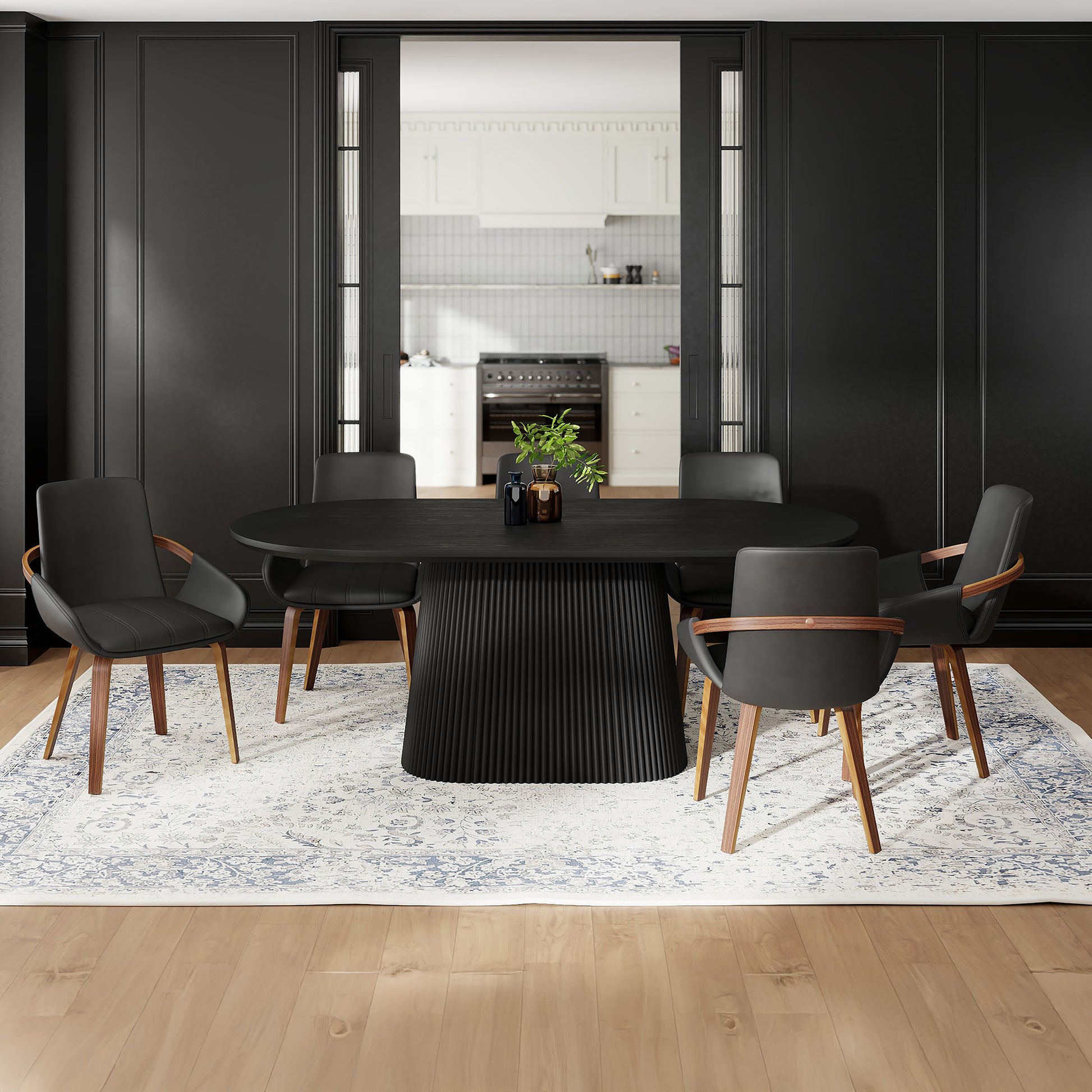 Tovas 7-Piece Oval Dining Set - Black and Walnut Mid-Century-DECOROLALA