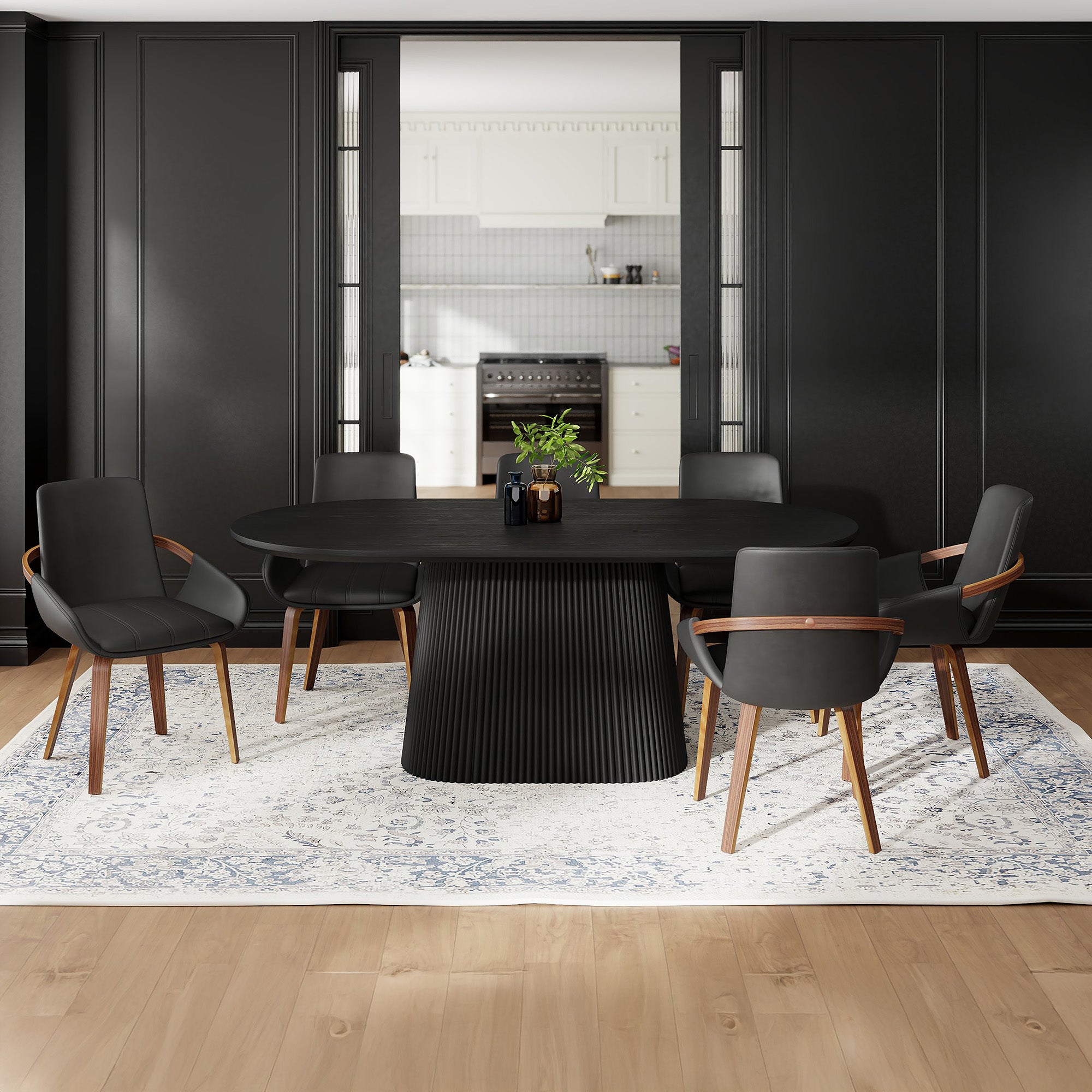 Tovas 7-Piece Oval Dining Set - Black and Walnut Mid-Century-DECOROLALA