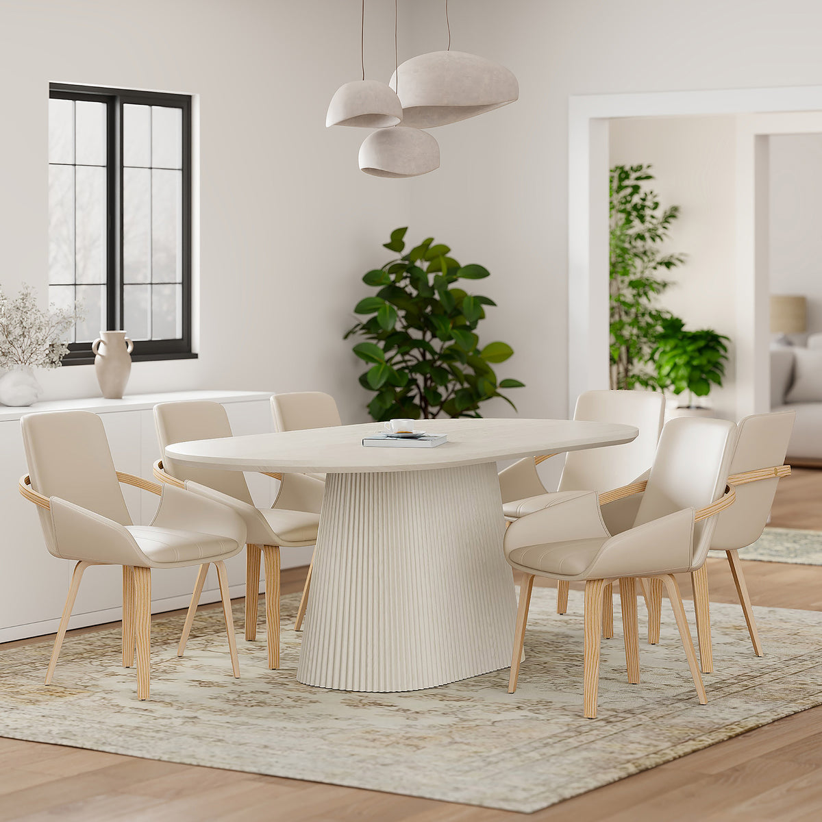 Tovas Caspian 7-Piece Oval Dining Set - Sand Faux Leather-Dining Room Sets-DECOROLALA