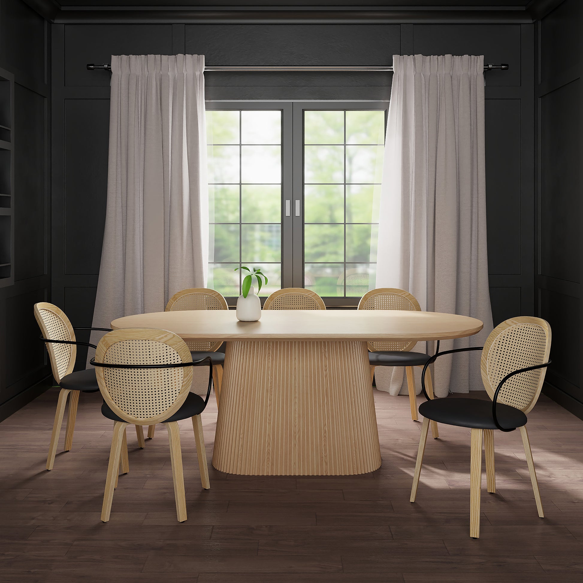 Tovas Light Oak 7-Piece Oval Dining Set with Faux Rattan Chairs-DECOROLALA
