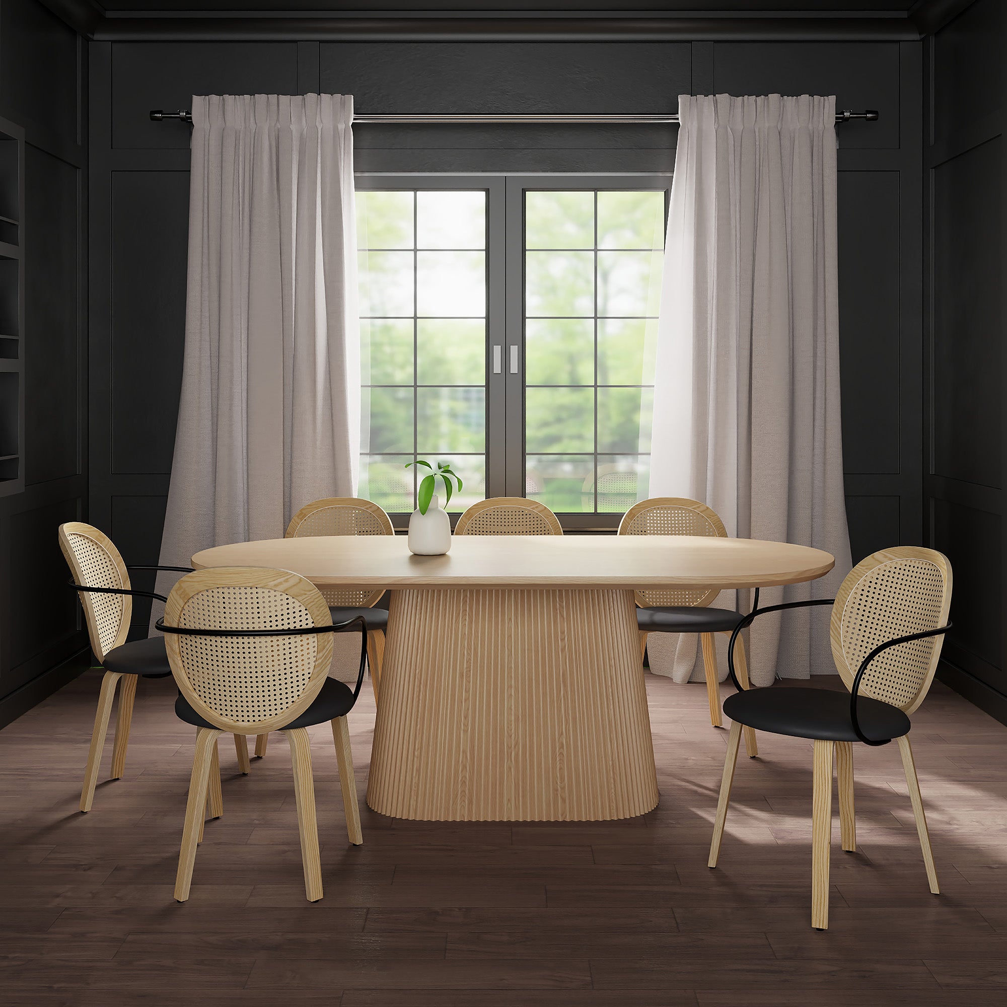 Tovas Light Oak 7-Piece Oval Dining Set with Faux Rattan Chairs-DECOROLALA