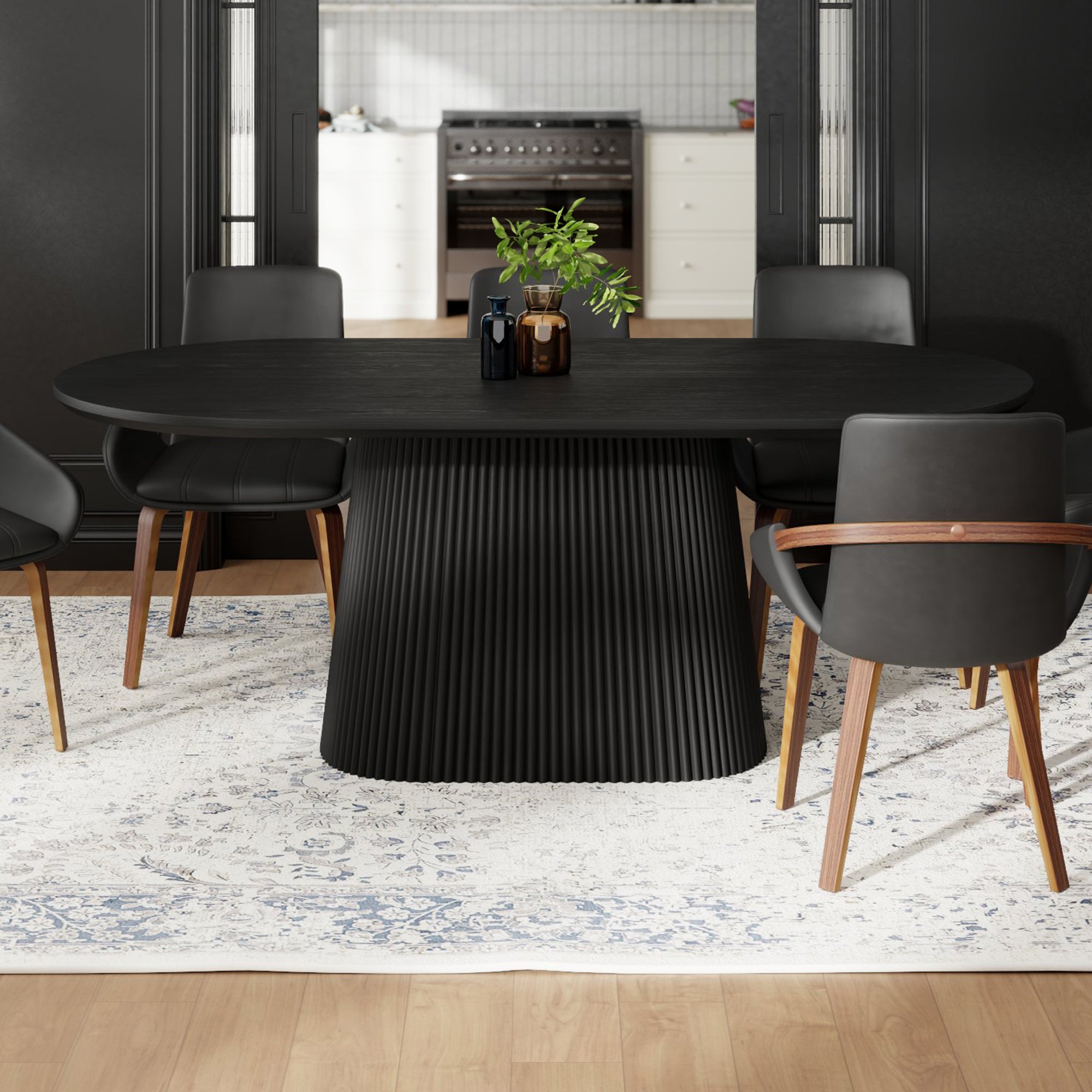 Tovas Oval Dining Table - Black Reeded Wood Pedestal Base-DECOROLALA