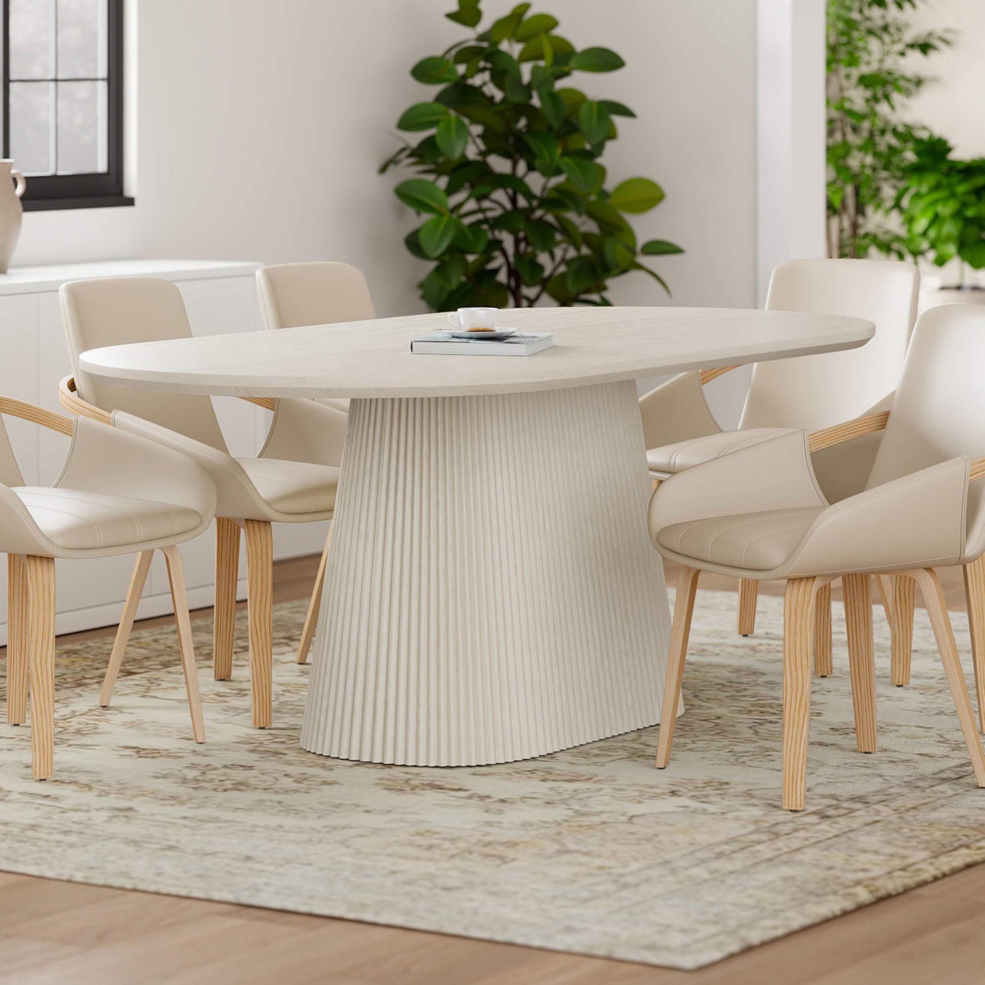 Tovas Oval Dining Table - Ivory Reeded Wood Pedestal Base-DECOROLALA
