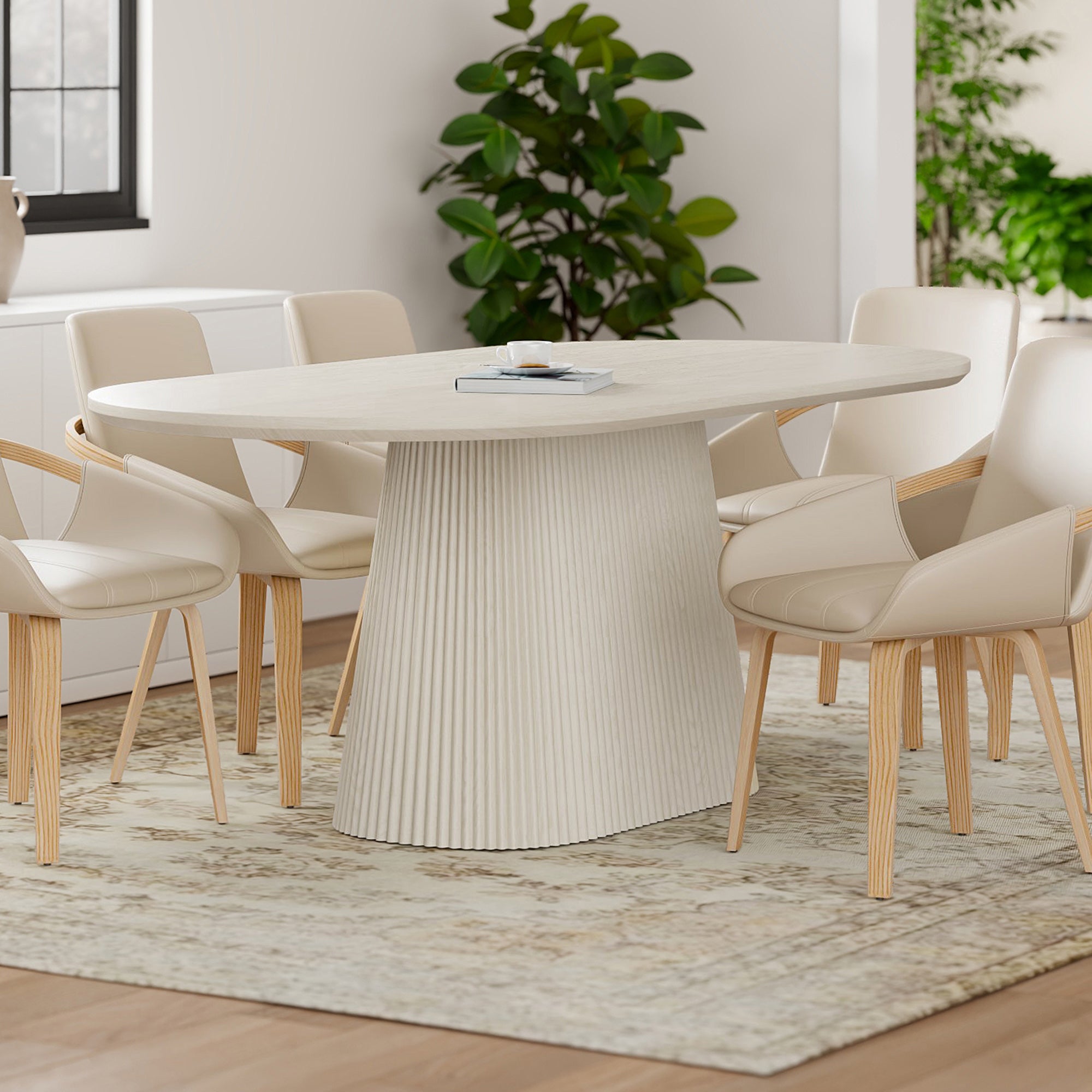 Tovas Oval Dining Table - Ivory Reeded Wood Pedestal Base-DECOROLALA