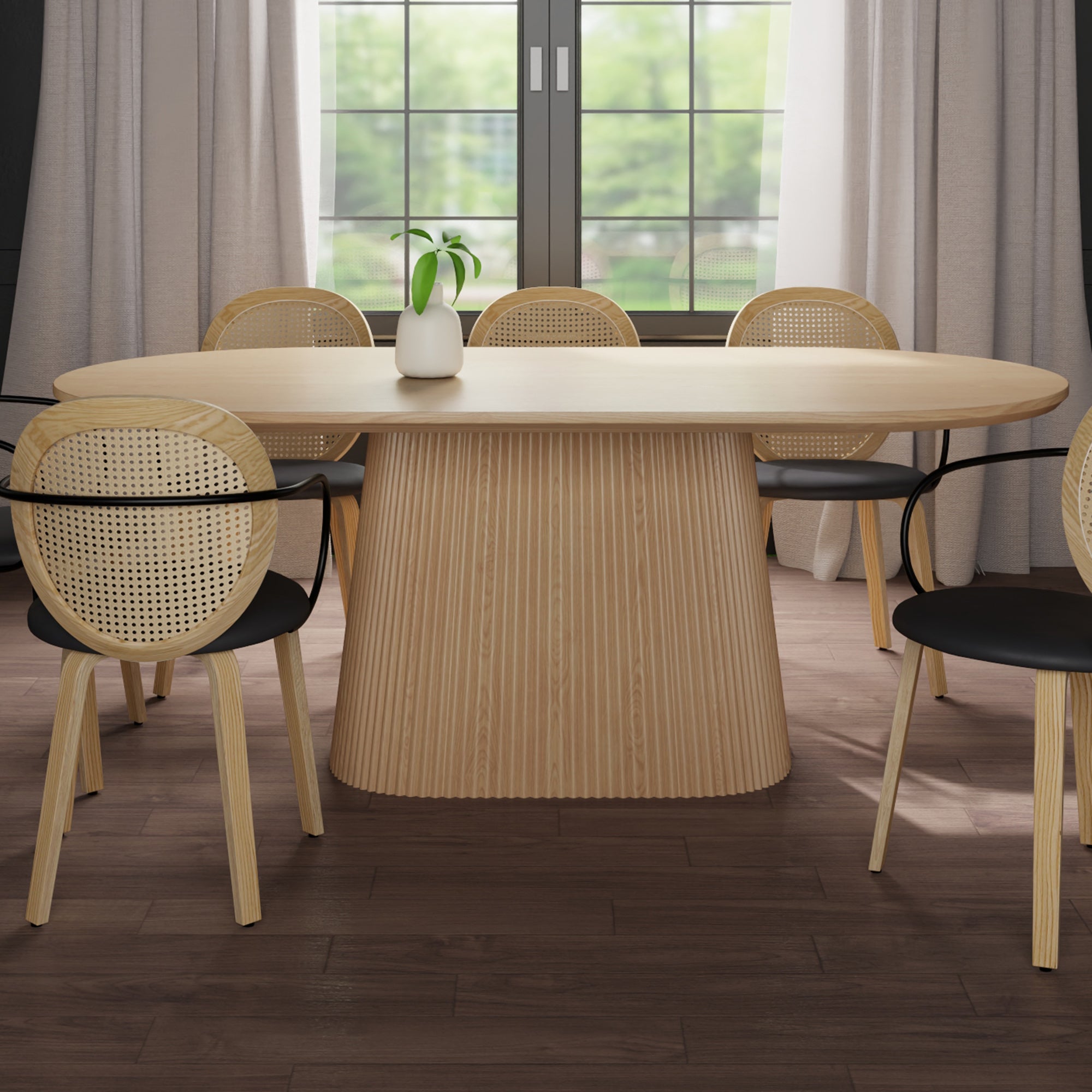 Tovas Oval Dining Table - Natural Wood Reeded Pedestal Base-DECOROLALA