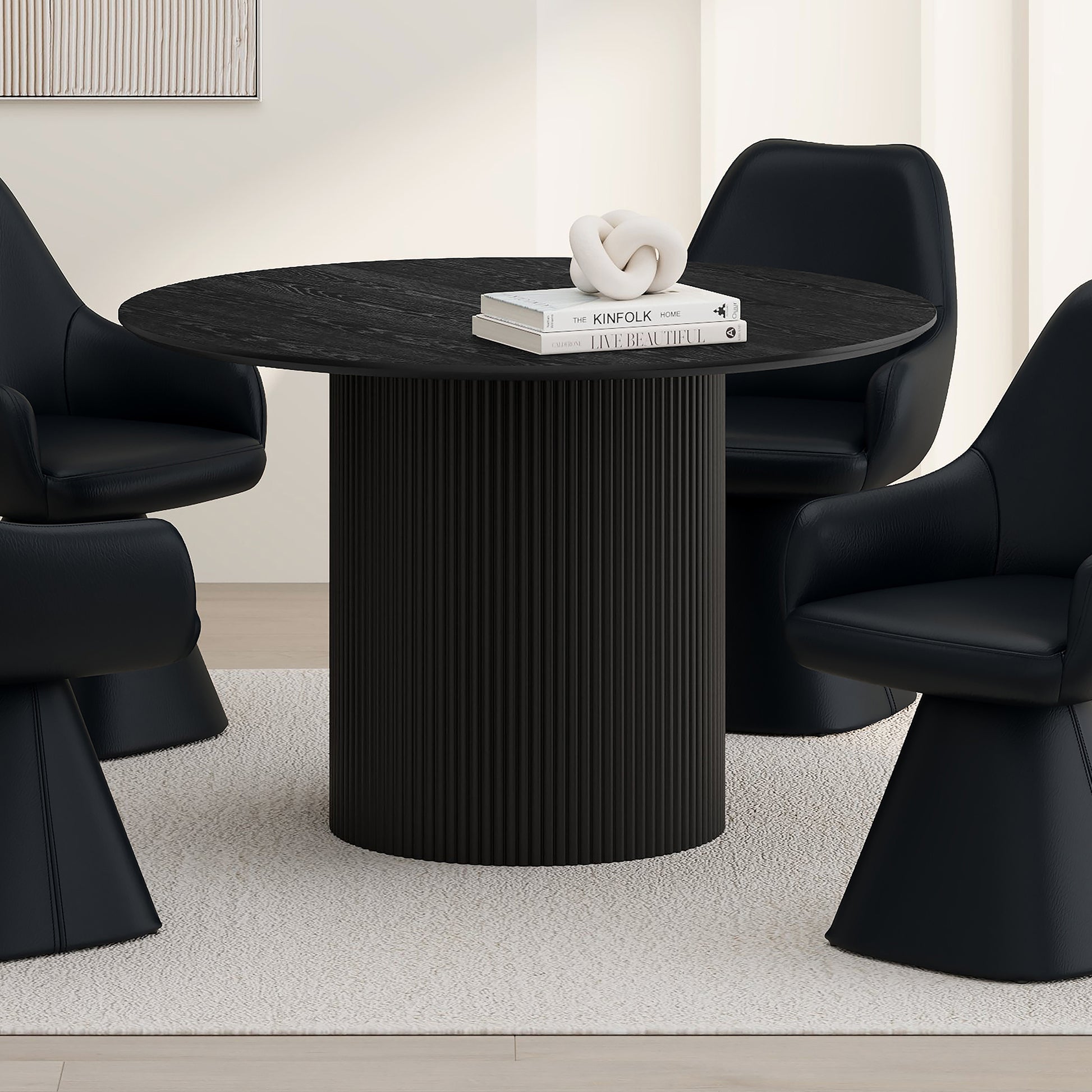 Tovas Round Dining Table - Black Wood Reeded Pedestal Base-DECOROLALA