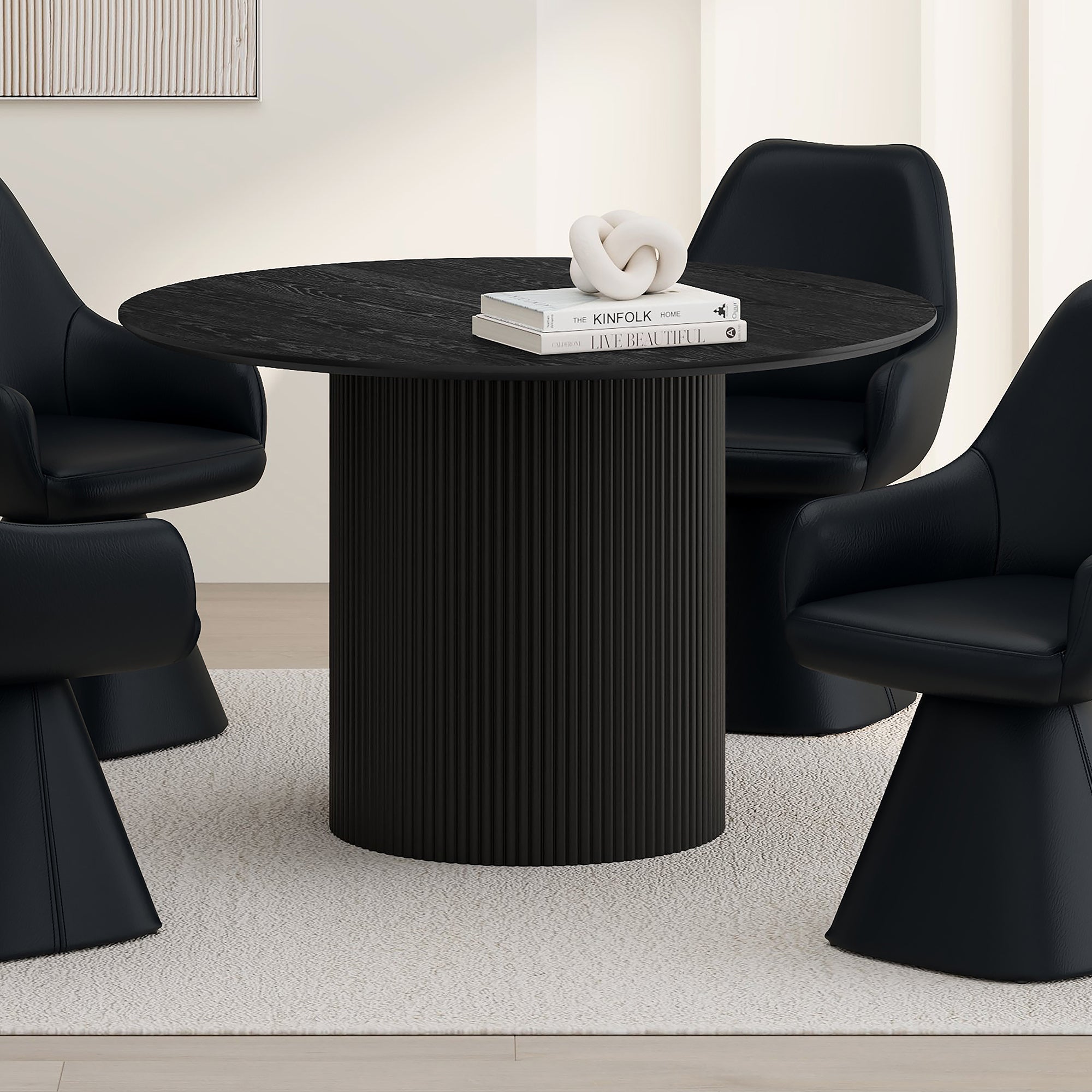 Tovas Round Dining Table - Black Wood Reeded Pedestal Base-DECOROLALA