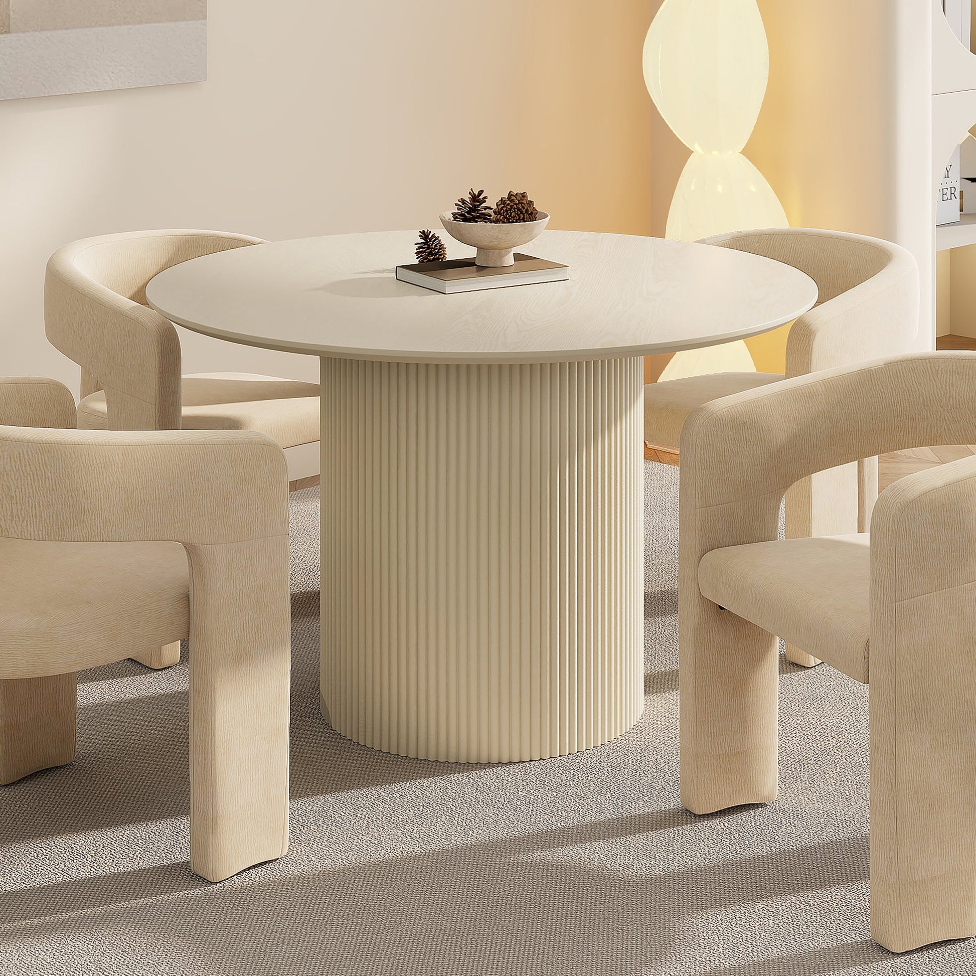 Tovas Round Dining Table - Ivory Reeded Wood Pedestal Base-DECOROLALA