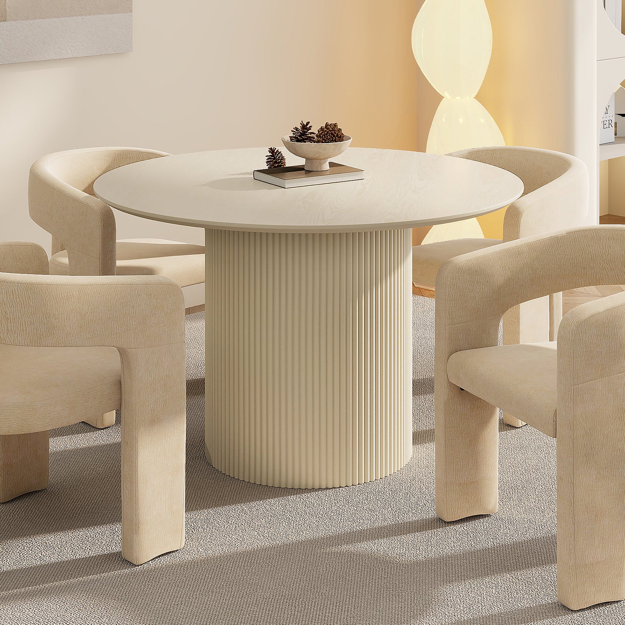 Tovas Round Dining Table - Ivory Reeded Wood Pedestal Base-DECOROLALA
