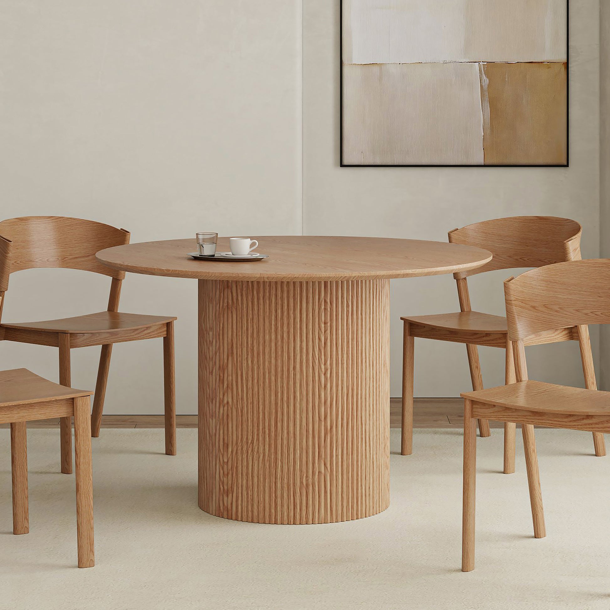 Tovas Round Dining Table - Natural Wood Reeded Pedestal Base-DECOROLALA