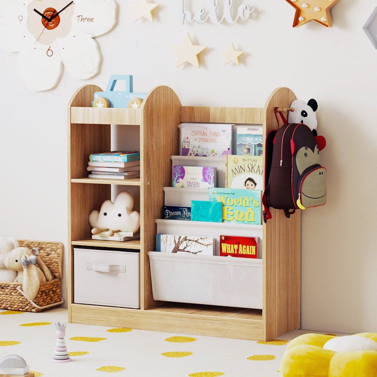 Toy Storage Organizer with 4-Tier Sling Shelves-Natural-Kids Storage-DECOROLALA