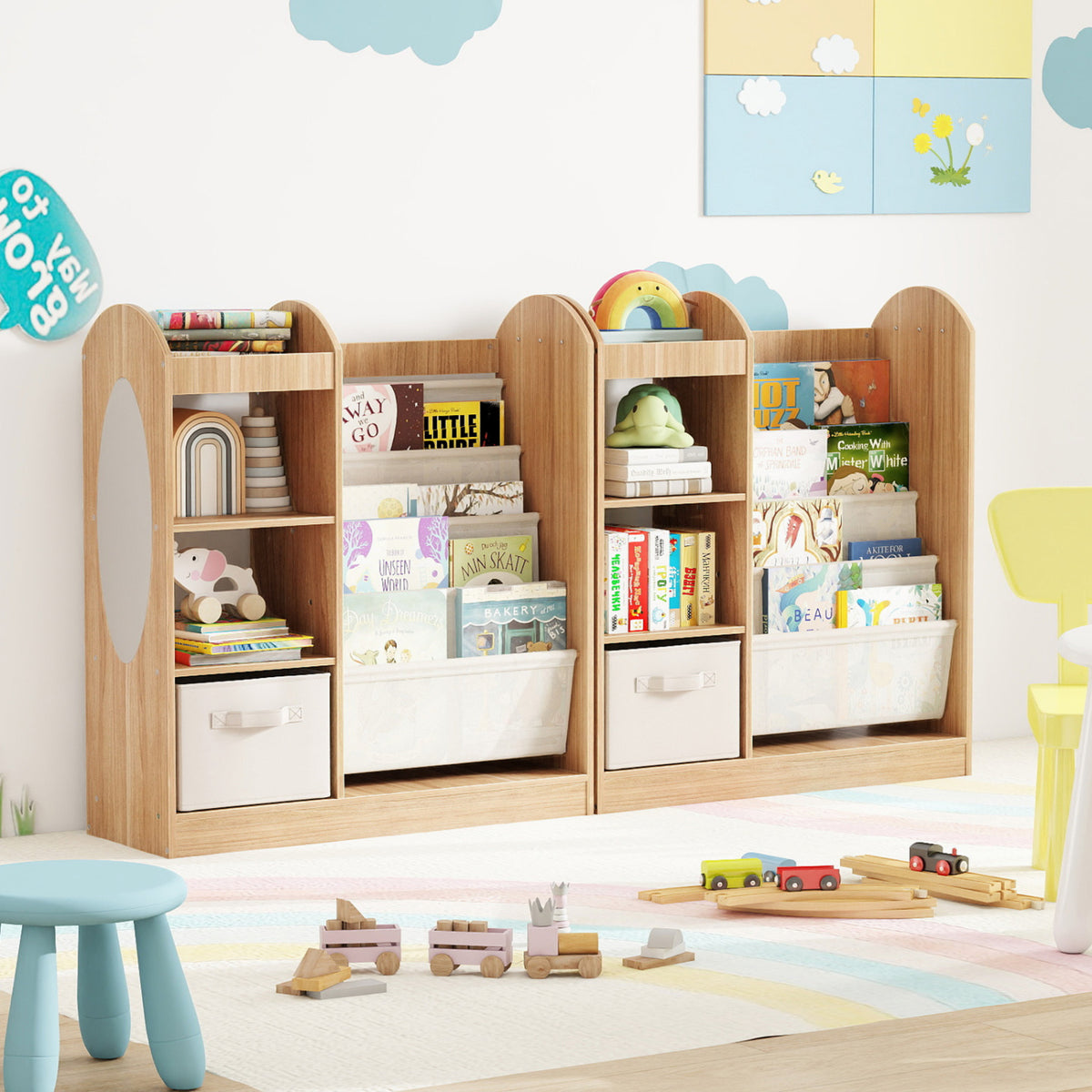 Toy Storage Organizer with 4-Tier Sling Shelves-Natural-Kids Storage-DECOROLALA