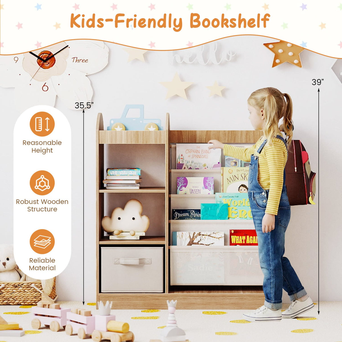 Toy Storage Organizer with 4-Tier Sling Shelves-Natural-Kids Storage-DECOROLALA