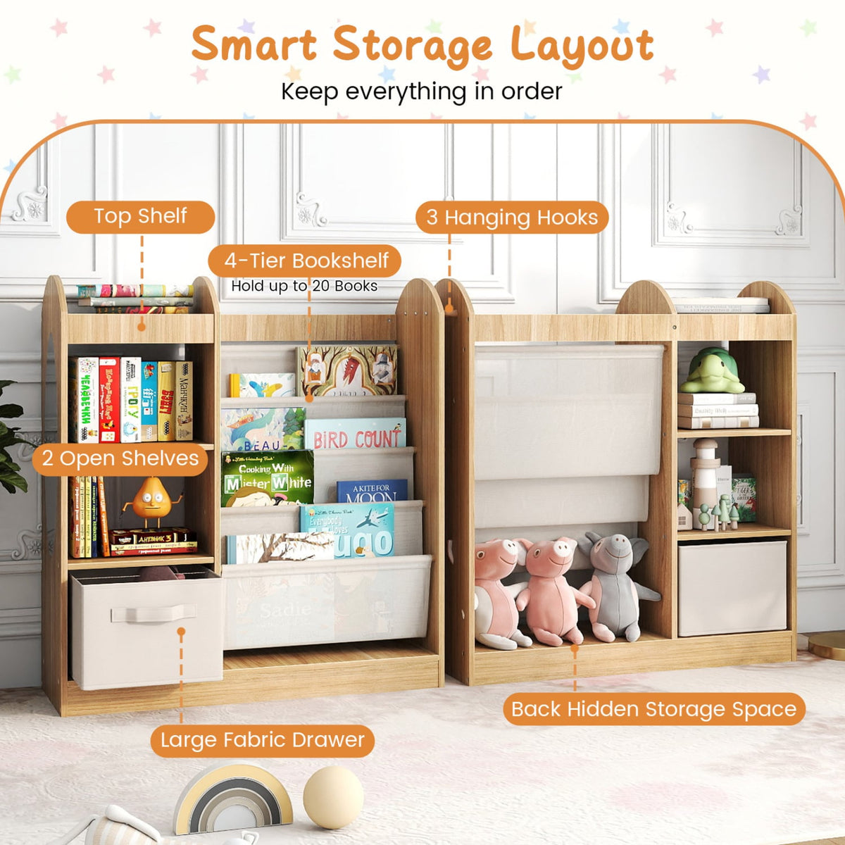 Toy Storage Organizer with 4-Tier Sling Shelves-Natural-Kids Storage-DECOROLALA