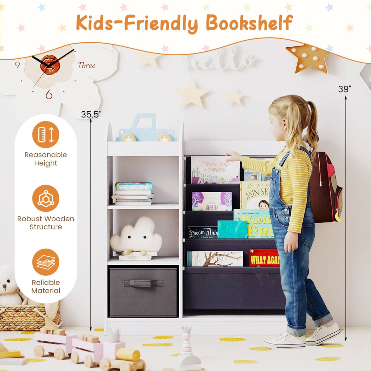 Toy Storage Organizer with 4-Tier Sling Shelves-White-Kids Storage-DECOROLALA