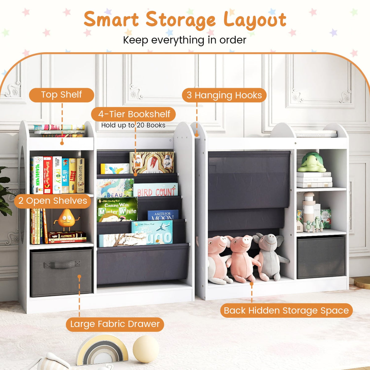 Toy Storage Organizer with 4-Tier Sling Shelves-White-Kids Storage-DECOROLALA