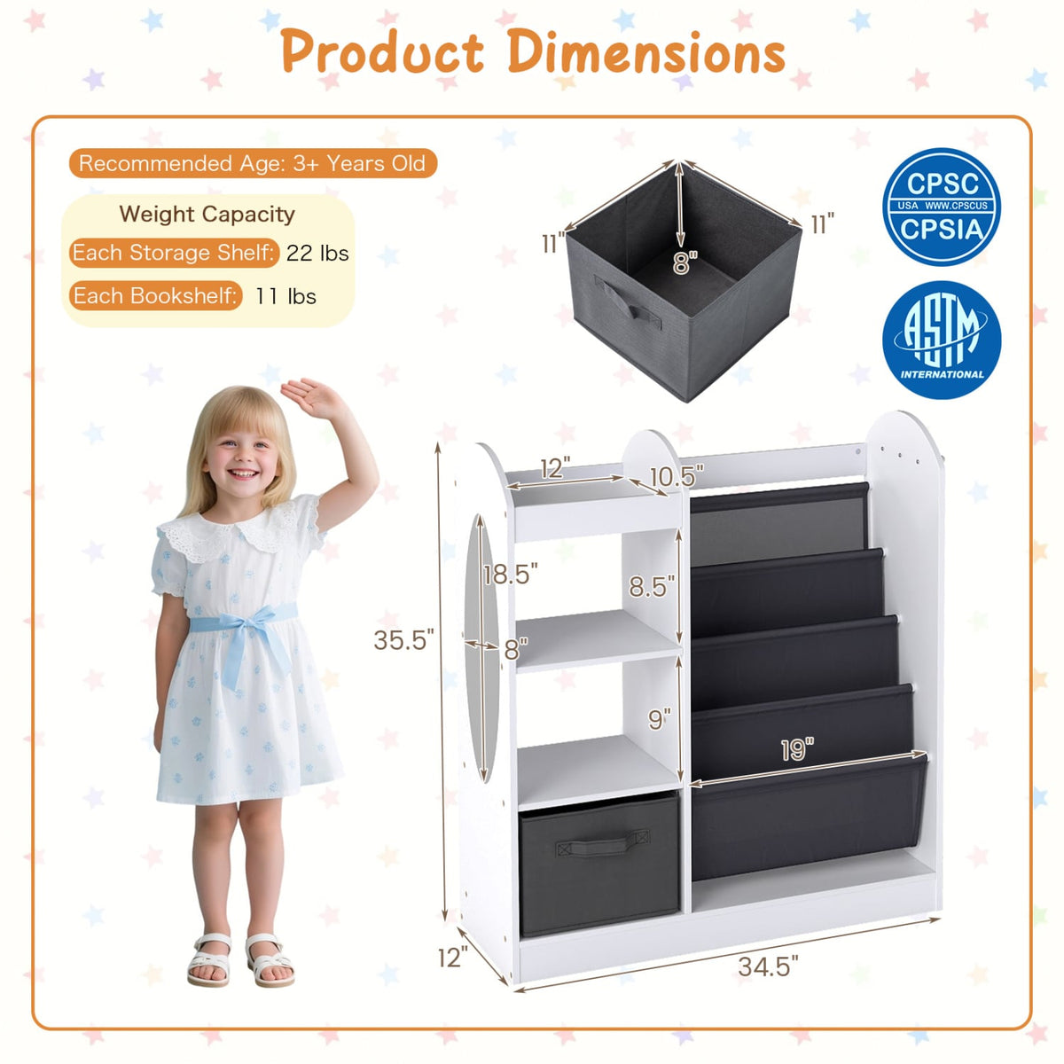 Toy Storage Organizer with 4-Tier Sling Shelves-White-Kids Storage-DECOROLALA