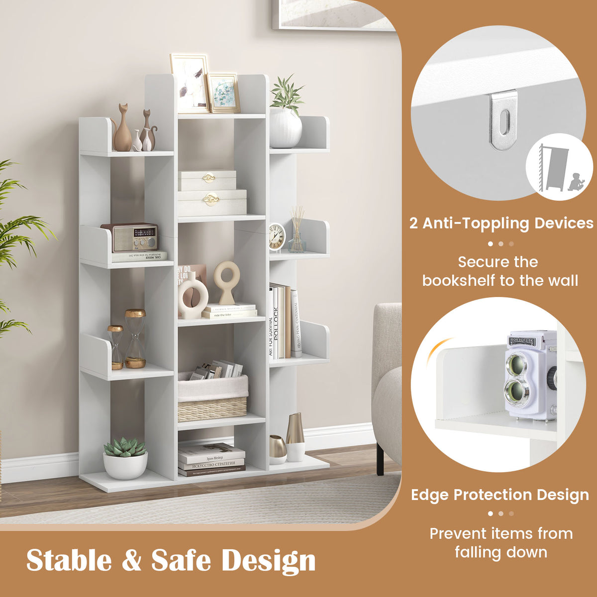 Tree-Shaped Bookshelf with 13 Compartments-White-Bookcases-DECOROLALA