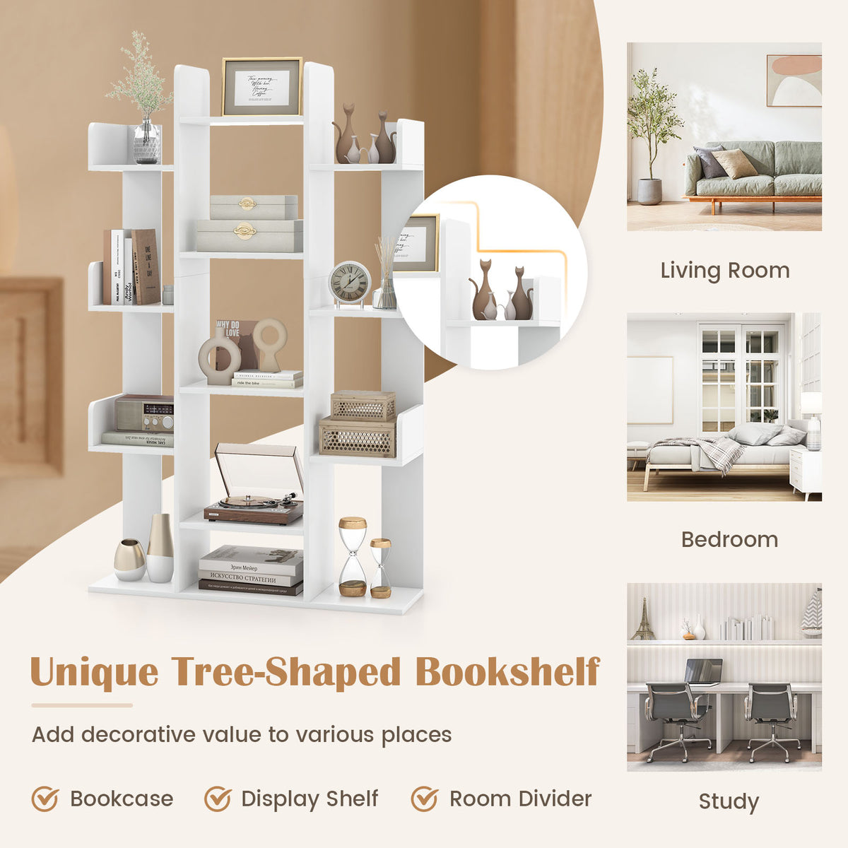 Tree-Shaped Bookshelf with 13 Compartments-White-Bookcases-DECOROLALA