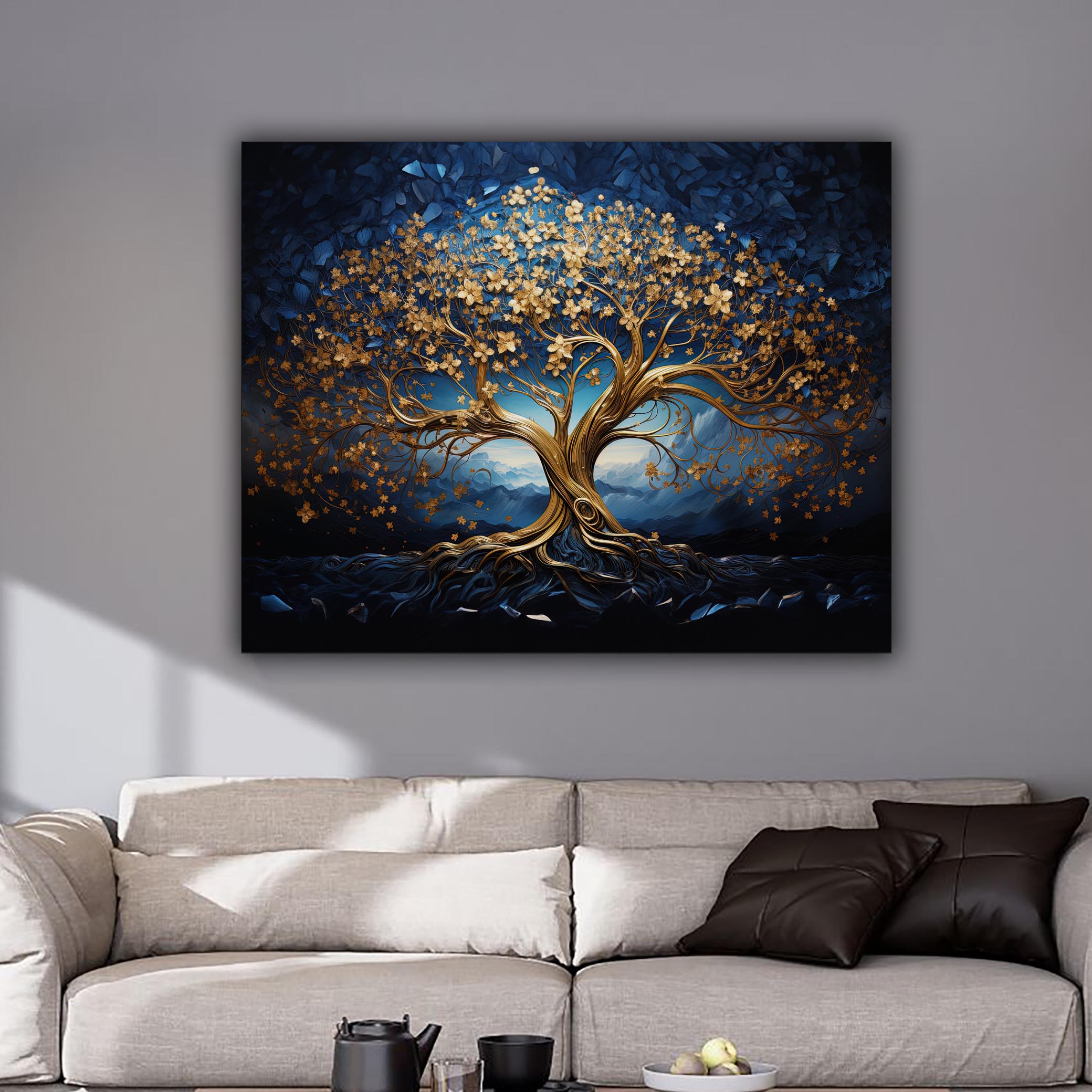 Tree of Life Canvas Print 48x36 Blue & Gold-Wall Art-DECOROLALA
