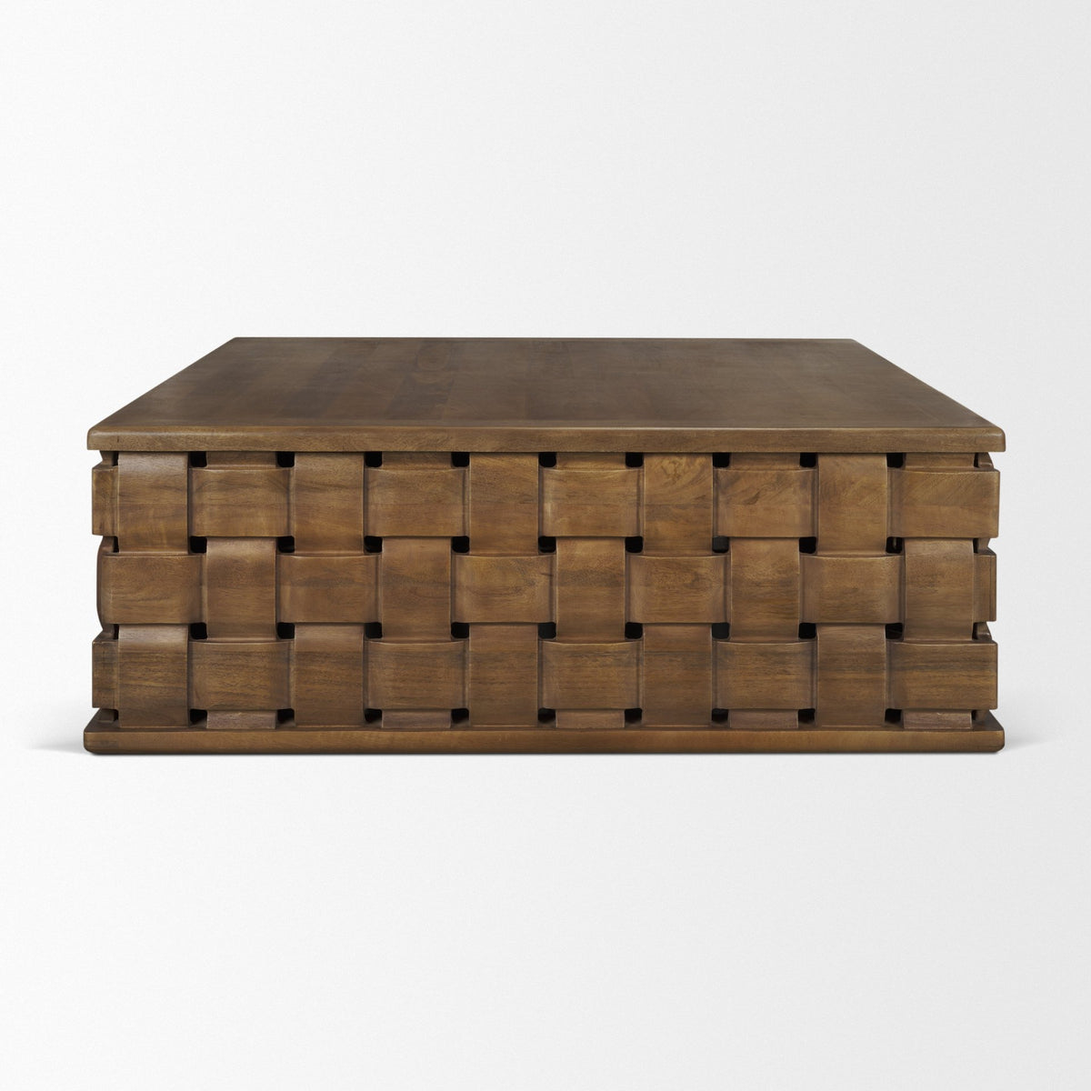 Trellyn 48" Light Brown Wood w/ Carved Woven Base Square Coffee Table-Coffee Tables-DECOROLALA