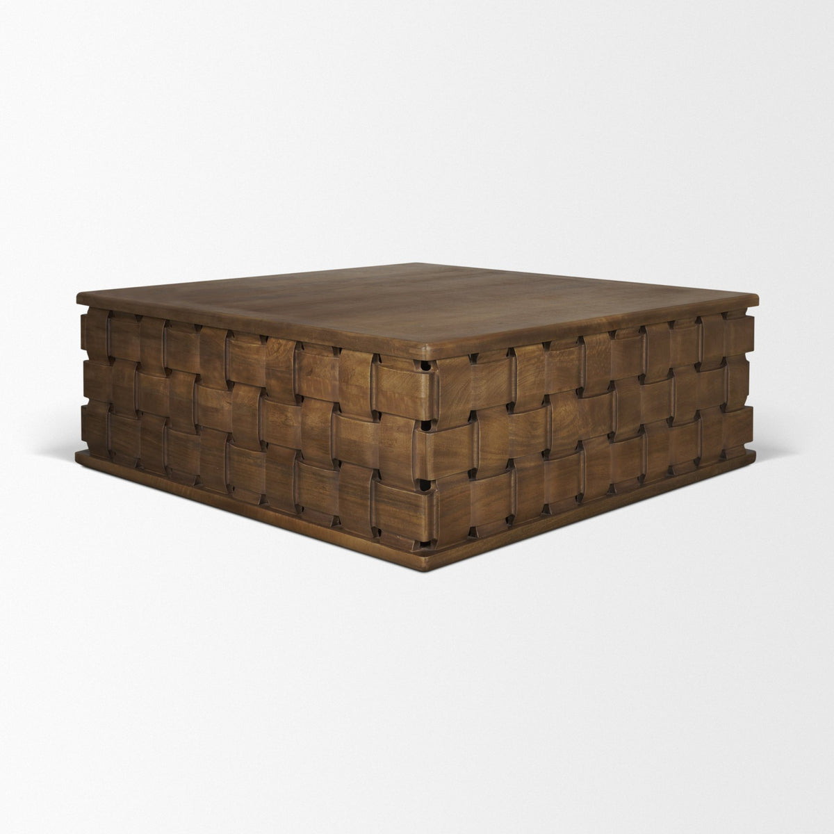 Trellyn 48" Light Brown Wood w/ Carved Woven Base Square Coffee Table-Coffee Tables-DECOROLALA