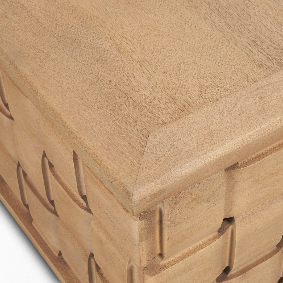 Trellyn 48" Light Brown Wood w/ Carved Woven Base Square Coffee Table-Coffee Tables-DECOROLALA