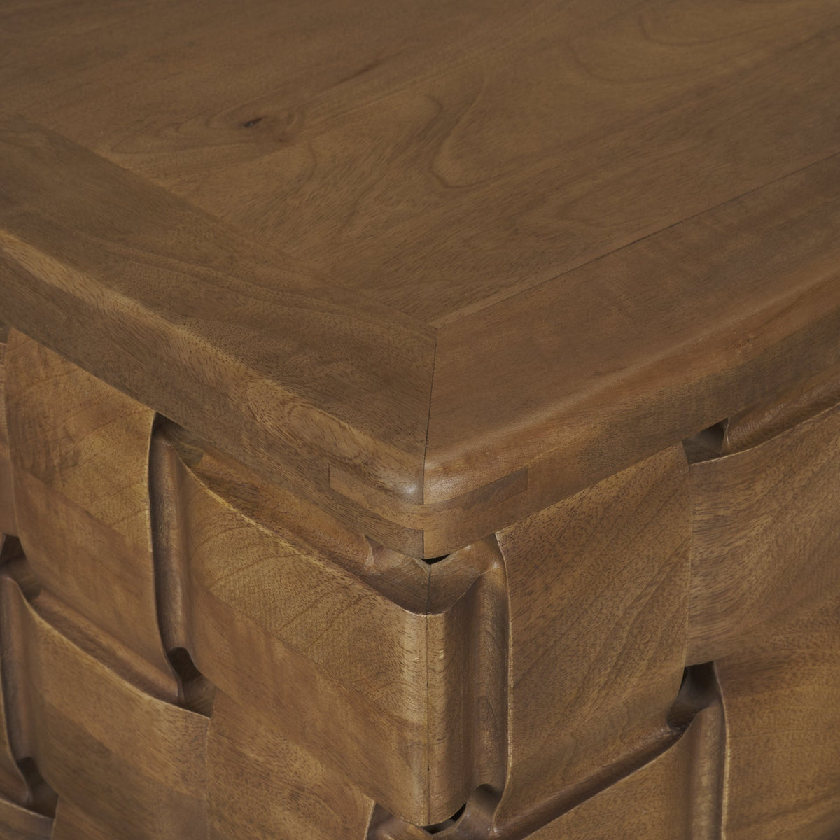 Trellyn 48" Light Brown Wood w/ Carved Woven Base Square Coffee Table-Coffee Tables-DECOROLALA