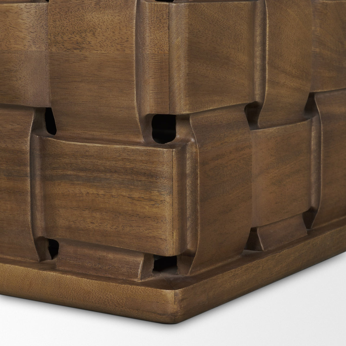 Trellyn 48" Light Brown Wood w/ Carved Woven Base Square Coffee Table-Coffee Tables-DECOROLALA