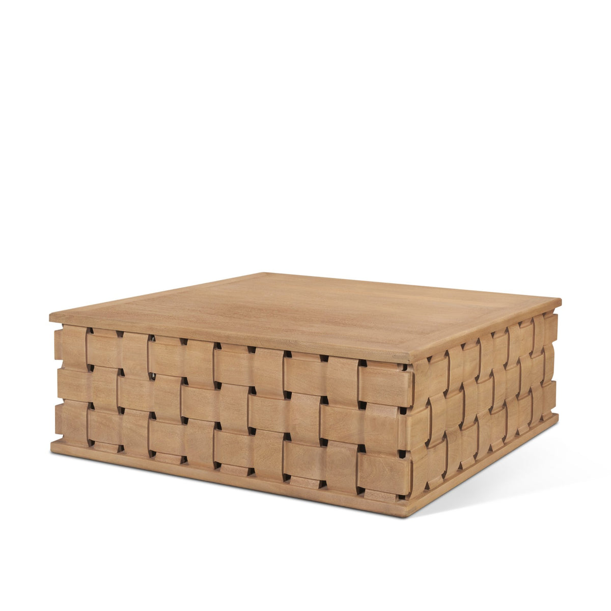 Trellyn 48" Light Brown Wood w/ Carved Woven Base Square Coffee Table-Coffee Tables-DECOROLALA